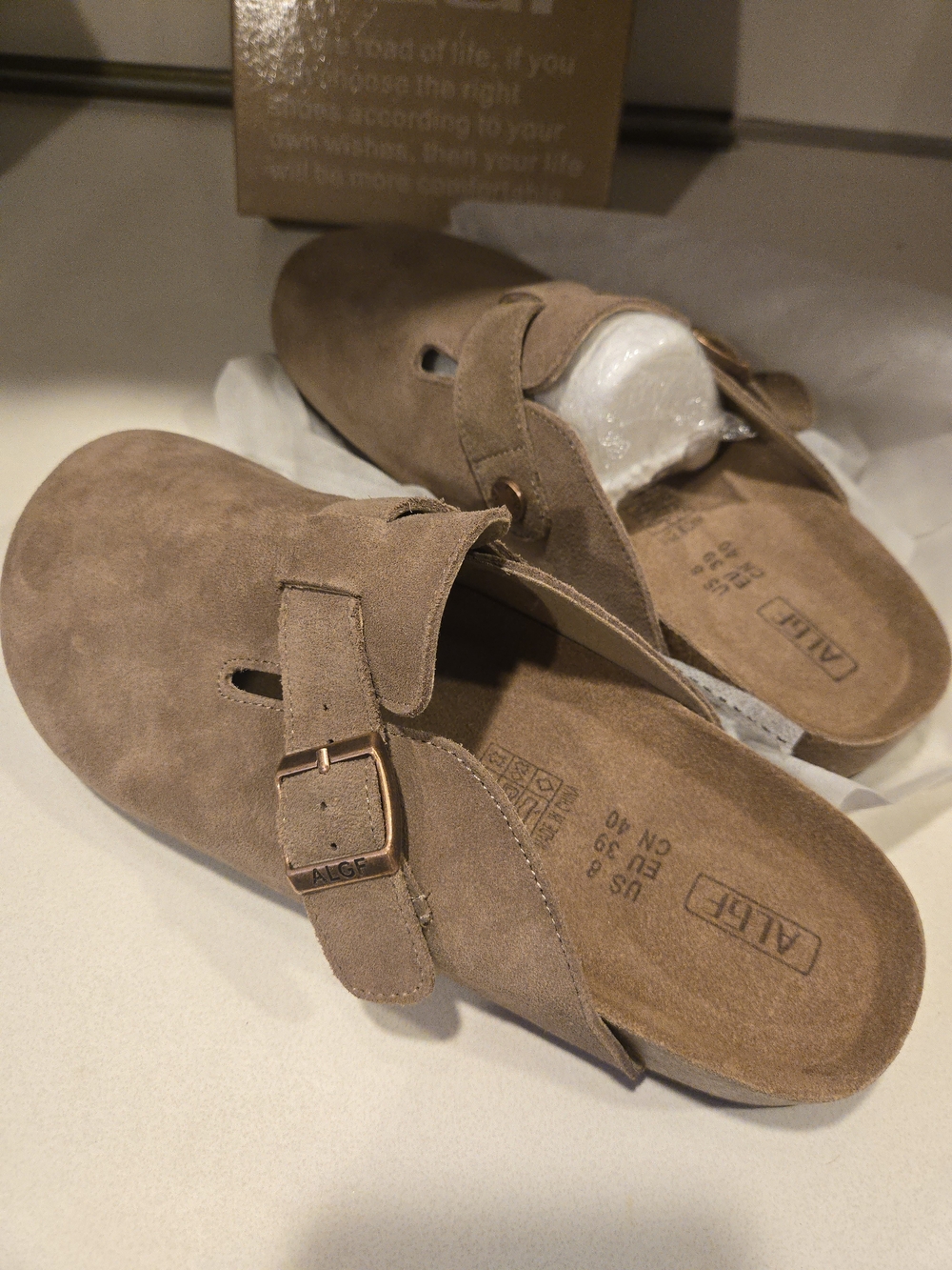 Taupe Suede Clog Mules with Buckle - Picture 2 of 6
